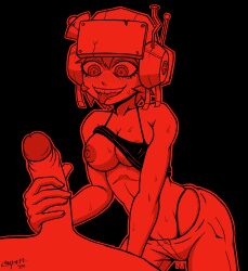 1boy 1boy1girl 1girls big_penis black_background black_tank_top blush blush_lines breasts casper_(artist) hand_on_penis handjob headwear helmet hi_res nipples one_breast_out pants penis psychopomp_(fading_club) queen_of_venus_(psychopomp) red_body red_eyes red_hair red_headwear sweat sweatdrop tagme tank_top thong tongue tongue_out wet wet_pussy