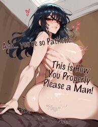 1boy ai_generated ass chainsaw_man cowgirl_position dark-skinned_male english_text female floppydisc highres interracial large_breasts long_hair looking_back novelai nude red_eyes reverse_cowgirl_position scar sex_from_behind smile stable_diffusion straddling sweat yoru_(chainsaw_man)