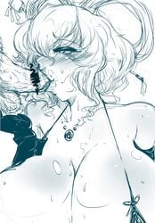 blush breasts censored cleavage fellatio female full-face_blush hair_ornament hair_rings hair_stick half-closed_eyes huge_breasts ironblood jewelry mole monochrome necklace oral penis pubic_hair seiga_kaku sketch string_bikini sweat takato_kurosuke touhou white_background