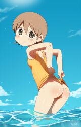 2011 aioi_yuuko ass back bad_tag blush breasts brown_eyes brown_hair dfer female female from_behind highres looking_at_viewer looking_back nichijou ocean outdoors small_breasts smile solo standing swimsuit teen teen_girl teenage teenage_girl teenager thighs water wedgie wet