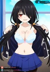 ai_generated big_breasts black_hair clock_eye curvy curvy_figure date_a_live female juanpiamvs long_hair looking_at_viewer open_clothes patreon patreon_username red_eye school_uniform showing_bra smiling standing subscribestar subscribestar_username tokisaki_kurumi twintails watermark yellow_eye