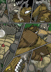 2014 anthro balls canine chubby comic dialog english_text erection fangs fur furry furry_only gay male mammal muscles penis raus text were werewolf wolf