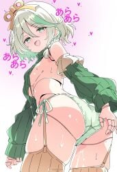 :d alternate_costume ara_ara asami-chan ass blush braid breasts brown_thighhighs cecilia_immergreen colored_inner_hair commentary cropped_sweater detached_sleeves doll doll_joints double-parted_bangs female from_below garter_straps green_eyes green_hair green_panties green_sweater grey_hair hair_between_eyes hair_ornament heart highres hololive hololive_english joints long_sleeves looking_at_viewer medium_breasts meme_attire multicolored_hair panties pussy_juice ribbed_sleeves ribbed_sweater ribbed_thighhighs short_hair side-tie_panties side_braid single_braid sleeveless sleeveless_sweater smile solo streaked_hair sweat sweater thighhighs turtleneck turtleneck_sweater underwear virgin_destroyer_sweater virtual_youtuber winding_key