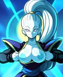 1girls ai_generated angel blue_body breasts breasts_out dragon_ball dragon_ball_super exposed_breasts female large_breasts light_skinned_female looking_at_viewer mullon nameless_character nipples novelai open_clothes self_exposure smile solo solo_female solo_focus white_hair