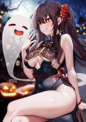 arm_support bangle bangs baozi bare_legs bare_shoulders black_dress black_hair blurry blurry_background blush bracelet breasts brown_hair china_dress chinese_clothes cleavage covered_navel crossed_legs depth_of_field dress eyebrows_visible_through_hair female flower genshin_impact grin hair_between_eyes hair_flower hair_ornament hu_tao_(genshin_impact) jewelry lantern large_breasts long_hair looking_at_viewer medium_breasts nail_polish open_mouth pelvic_curtain ponytail ring side_slit sidelocks sitting sleeveless smile solo squchan thighs very_long_hair yellow_eyes