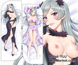 black_dress breasts breasts_out dakimakura dungeon_ni_deai_wo_motomeru_no_wa_machigatteiru_darou_ka female freya freya_(danmachi) green_hair long_hair looking_at_viewer solo yuj