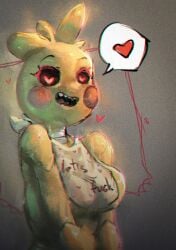 big_breasts five_nights_at_freddy's heart-shaped_pupils partially_clothed sharp_teeth smile tea_patriarch toy_chica_(fnaf)