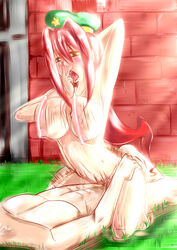 arm_behind_head assertive blush bouncing_breasts breasts brick_wall cowgirl_position female full-face_blush grass half-closed_eyes hand_on_own_face hat highres hong_meiling large_breasts motion_blur motion_lines navel nude open_mouth outdoors payot red_hair reizou saliva sex straddling sweat tongue tongue_out torogao touhou