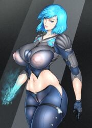 big_breasts blue_eyes blue_hair erect_nipples human lactating lactation looking_at_viewer luri2 milk nyx_(quake_champions) quake quake_champions video_games