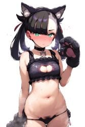 black_hair blue_eyes blush breasts cat_ears cat_gloves cat_lingerie cat_tail catgirl cute embarrassed female hips human lingerie looking_at_viewer marnie_(pokemon) midriff paws petite pokemon pubes pubic_hair small_breasts twintails