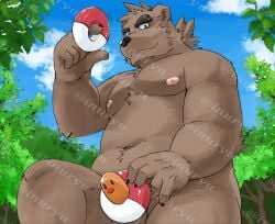 2024 anthro balls bear belly black_nose censored cloud dessert detailed_background diglett distracting_watermark doughnut food generation_1_pokemon genitals hi_res humanoid_hands inuryu kemono male male_focus male_only mammal moobs nintendo nipples outside pastry plant pokemon pokemon_(species) slightly_chubby solo tree watermark