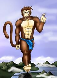 1boy abs aircraft airplane baboon brown_fur bulge city clothed clothing cloud ear_piercing fur furry giant hi_res high_resolution highres hindpaw loincloth macro male male_only mammal megasonic20 monkey muscles navel nipples outdoors paws penis piercing primate river skimpy solo tail topless