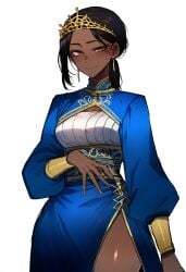 ai_generated alternate_attire alternate_outfit angeline_(hismajestyii) black_hair blue_dress brown_eyes dark-skinned_female dark_skin dress exposed_thigh exposed_thighs hismajestyii medium_breasts novelai ponytail slim slim_female slim_figure thigh thighs wide_hips