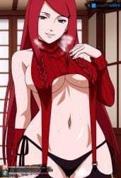 ai_generated big_ass big_breasts blue_eyes curvy curvy_figure female garter_straps juanpiamvs kushina_uzumaki long_hair looking_at_viewer naruto naruto_(series) naruto_shippuden patreon patreon_username red_hair smiling standing subscribestar subscribestar_username underwear watermark