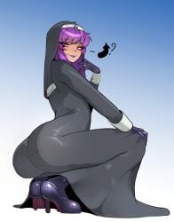 1boy ass ass_focus big_ass big_butt clothed crouched crouching fat_ass femboy feminine_male fully_clothed habit heels high_heels huge_ass huge_butt large_ass large_butt lipstick male male_only nun nun's_habit nun_(nunsafeforwork) nun_outfit nunsafeforwork oc original_character purple_hair purple_lipstick tagme thick_ass twink