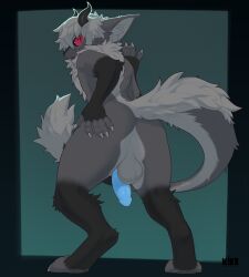 anthro arlo_(amazingcanislupus) ass black_body black_fur dragon fur genitals grey_body grey_fur hi_res k1ko male mythological_creature mythological_scalie mythology nude penis presenting presenting_hindquarters red_eyes scalie solo