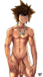 1boy abs blue_eyes completely_nude flaccid_penis kingdom_hearts large_penis lostanemone male male_only smile solo sora sora_(kingdom_hearts)