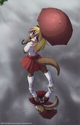 1girls 2015 anthro ass blonde_hair bottomless clothed clothing cute dyed-hair dyed_hair female hair jay_naylor legwear long_hair looking_at_viewer looking_over_shoulder mammal mascara mustelid no_panties otter pigeon-toed pigeon_toed purple_eyes purple_hair pussy rain raining red_clothes red_clothing red_skirt red_umbrella reflection runny_makeup runny_mascara shoes skirt smile socks solo solo_female standing tail umbrella upskirt water white_clothes white_clothing white_shoes white_socks young