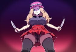 1girls ai_generated ass_visible_through_thighs breasts_bigger_than_head cameltoe covered_nipples female from_below glowing_eyes huge_breasts knife large_breasts mullon novelai panties pokemon pokemon_xy serena_(pokemon) shaded shaded_face solo yandere