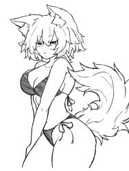 bikini blush cat_ears cleavage fumomono6500 large_breasts momiji_inubashiri monochrome panties string_panties tail thick_thighs thong white_hair