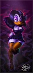 14-bis 1girl 1girls 2015 2015s abstract_background anatid anseriform anthro artist_name artist_signature avian avian_female avian_humanoid beak big_breasts bird black_dress black_hair black_hair_female breasts cleavage clothed clothing dark_hair disney dress duck duck_girl duck_tail ducktales feathers female female_focus female_only fernando_faria footwear furry furry_female goth hair hands_behind_head hi_res high_heels huge_breasts looking_at_viewer magica_de_spell non-mammal_breasts panties purple_eyes shoes short_hair signature skimpy smile solo tagme tail white_body white_feathers wide_hips yellow_body yellow_skin