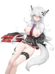 1girls :) animal_ears areolae arknights ass_visible_through_thighs big_breasts black_nails breasts breasts_out exposed_breasts female female_only grey_eyes hair_between_eyes hairclip hairless_pussy kemonomimi knees knees_together lappland_(arknights) legs light-skinned_female light_skin lips long_hair long_legs looking_at_viewer nail_polish nanaya_journey neck nipples no_bra no_panties open_shirt oripathy_lesion_(arknights) partially_clothed pussy scar_across_eye shaved_pussy shirt skirt smile solo tail thigh_strap thighs tie vagina white_background white_hair white_shirt