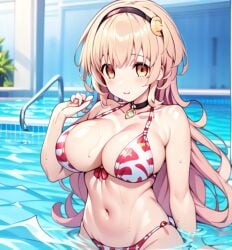 1girl 1girls ai_generated big_breasts bikini blonde_hair blush blushing bra brown_eyes busty choker compa female hairband large_breasts messy_hair neptunia_(series) pattern_bikini pattern_bra pattern_clothing pixai pool self_upload smile thong thong_bikini thong_bikini_bottom water wet