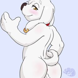 1boy 2014 anthro anus ass bluepawpanda blush collar ear_piercing family_guy grey_background half-closed_eyes hi_res jasper_(family_guy) looking_at_viewer male male_only nude piercing plain_background pose shaded smile solo