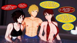 1boy 2girls arrancon blonde_hair blue_eyes green_eyes half-dressed half_naked half_naked_female half_naked_male hot_spring jaune_arc one-piece_swimsuit pyrrha_nikos red_hair red_hair_female red_highlights ruby_rose rwby silver_eyes string_bikini