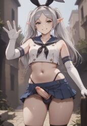 1futa ai_generated cosplay erection_under_skirt frieren frieren_beyond_journey's_end futanari jouthechou navel penis pointy_ears shimakaze_(kantai_collection)_(cosplay) skirt skirt_lift small_breasts solo_futa sousou_no_frieren testicles testicles_in_panties waving waving_at_viewer