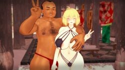 3d arcueid_brunestud areolae areolae_visible_through_clothing bbm big_breasts blonde_hair breasts curvy dilf fat_man gigantic_breasts huge_breasts hypnosis koikatsu large_boobs large_breasts melty_blood middle_aged_male netorare older_male plump short_hair skimpy_bikini skimpy_outfit smile thick thick_thighs tsukihime type-moon ugly_bastard ugly_man v_sign vampire vampire_girl victory_sign wide_hips