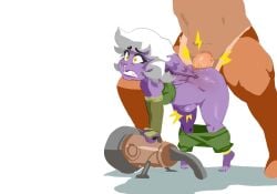 1boy 1girls anal anal_sex fat_ass kemokino kinoko.kemono league_of_legends pained_expression purple_skin riot_games shortstack size_difference snot stomach_bulge thick_thighs tristana white_background white_hair yordle