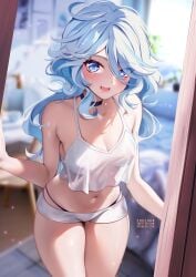 :d bare_shoulders bikini blue_eyes blue_hair blurry blurry_background blurry_foreground blush breasts choker cleavage collarbone crop_top depth_of_field eyebrows_visible_through_hair female furina_(genshin_impact) genshin_impact hair_between_eyes indoors large_breasts leaning_forward long_hair looking_at_viewer messy_hair midriff navel open_mouth panties see-through shirt short_shorts shorts silver_hair smile solo squchan swimsuit tank_top thighs underwear white_shorts