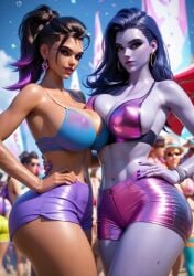 2girls ai_generated big_ass huge_breasts looking_at_viewer overwatch overwatch_2 seductive seductive_pose shorts sombra tight_clothing wide_hips widowmaker