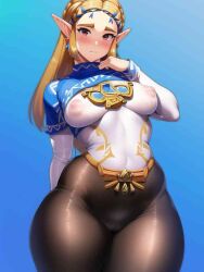 2004 ai_generated artist_request curvy_figure, elf, elf_ear, latex nipples_visible_through_clothing princess_zelda, voluptuous_female,