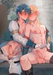 2boys abs absurdres arm_support bare_pectorals belt black_belt black_footwear blonde_hair blue_hair blue_pubic_hair blush boots byefrog closed_mouth coat coat_on_shoulders collarbone commentary eldigan_(fire_emblem) english_commentary erection fire_emblem fire_emblem:_genealogy_of_the_holy_war foreskin gloves groin hair_between_eyes highres hover_hand long_hair long_sleeves looking_at_another looking_at_penis male_focus male_pubic_hair multiple_boys navel nervous_sweating nipples open_belt open_clothes open_pants open_shirt outdoors pants pectorals penis plant pubic_hair sigurd_(fire_emblem) sitting sleeve_cuffs smile spread_legs sweat sweatdrop tassel testicles wavy_mouth white_gloves white_pants yaoi