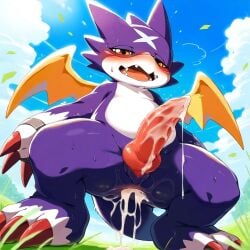 ai_generated bandai_namco cum digimon digimon_(species) dragon ejaculation funny furry green_background gumdramon inside penis violet_skin wings_yellow