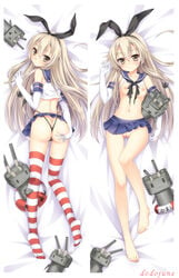 anchor anchor_hair_ornament ass ass_grab blonde_hair blush dakimakura dodojune elbow_gloves female gloves hair_ornament hairband highleg highleg_panties kantai_collection long_hair looking_at_viewer looking_over_shoulder lying microskirt no_bra no_panties on_back on_stomach panties pussy rensouhou-chan sailor_collar shimakaze_(kantai_collection) skirt small_breasts smile solo striped striped_legwear thighhighs thong_above_skirt torn_clothes torn_shirt underwear yellow_eyes