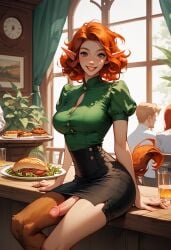 ai_generated big_breasts cleavage elf female food futanari green_eyes meat red_hair skirt