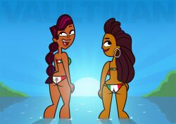 2girls accurate_art_style anne_maria_(tdi) artist_name ass bikini black_hair brown_skin earrings flag_bikini ponytail purple_hair sierra_(tdi) swimsuit total_drama_island vaultman