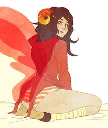 1girls aradia_megido ass averyniceprince bare_thighs black_hair grey_skin homestuck horns long_hair looking_back ms_paint_adventures no_pants panties red_eyes shimapan sitting smile solo striped striped_panties thighs troll white_background wings