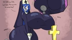 1boy 1girls areola_(megabippy) blue_hair crimsoncrow_va curvy enormous_ass enormous_breasts huge_ass larger_female longer_than_10_seconds looking_at_viewer megabippy milf mole mole_under_mouth narrow_waist naughty nipple_bulge nun nun's_habit nun_outfit original original_character shorter_than_30_seconds size_difference smaller_male sound straight tagme thick_thighs toony video wide_hips wink