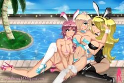 3girls bikini crossover cynthia_(pokemon) eclair_farron female female_only final_fantasy final_fantasy_xiii high_heels human mario_(series) multiple_girls nintendo pantyhose platform_heels pokemon princess_rosalina sexypinklady swimming_pool thighhighs yuri