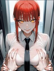 1boy 1girls ai_generated bangs chainsaw_man grabbing_breasts hand_on_breast looking_at_viewer makima_(chainsaw_man) medium_breasts office_clothing office_lady red_hair smiling_at_viewer yellow_eyes