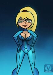 1girls accurate_art_style artist_name blonde_hair bridgette_(tdi) cleavage cosplay large_breasts metroid total_drama_island vaultman zero_suit_samus zero_suit_samus_(cosplay)