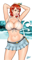 abs armpits arms_up bikini_top bracelet breasts brown_eyes busty cleavage female female_only human log_pose loubotix nami navel one_piece orange_hair pre-timeskip short_hair skirt solo standing voluptuous