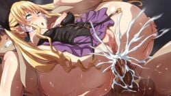 1boy 1girls alternate_version_available anal anal_juice anal_sex blonde_female blonde_hair blush bottomless breasts breasts_out code_vein corset cum cum_explosion cum_in_ass cum_inside cumming droplets eyes_rolling_back fucked_silly full_nelson gritted_teeth kinomiya_litata legs_apart legs_up mia_karnstein mosaic_censoring nipples o_mouth pink_nipples pleasure_face purple_skirt pussy skirt small_breasts sweat twintails