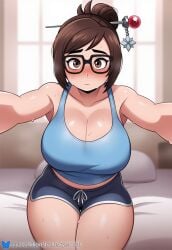 1girls ai_generated armpits bed bedroom big_breasts blizzard_entertainment bluesky_logo bluesky_username blush blushing_at_viewer blushing_female brown_eyes brown_hair cleavage glasses hair_ornament hair_pin huge_breasts large_breasts light-skinned_female light_skin looking_at_viewer mei_(overwatch) overwatch pov_eye_contact short_hair shorts sitting solo solo_female solo_focus sweating tank_top yasuhikonsfw