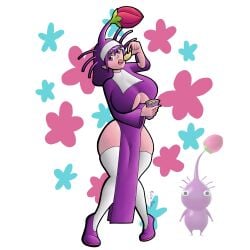 big_ass big_breasts clothed cute eating_food humanized kairasin muffin_top naive nun_outfit pikmin pikmin_(species) purple_clothes purple_eyes purple_hair purple_pikmin reference_image rule_63 thick_thighs thighhighs underboob