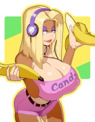 1girls anthro banana belt big_ass big_breasts blonde_hair blue_eyes booty_shorts breasts candy_kong cleavage covered_erect_nipples cowboy_shot donkey_kong_(series) donkey_kong_country eyelashes eyeshadow food fruit furry furry_female gyaru half-closed_eyes headphones hi_res highres huge_breasts lipstick looking_at_viewer makeup mascara materclaws navel nintendo nipples nipples_visible_through_clothing phallic_food phallic_symbol pink_lipstick pink_nails pink_shorts primate purple_eyeshadow rareware seductive seductive_look short_shorts shorts smile solo tank_top thick_thighs video_games